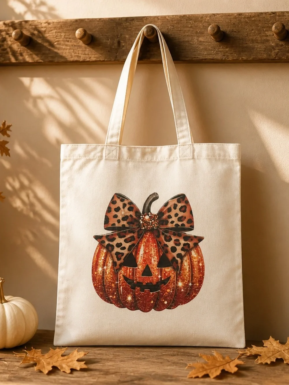 Cream Halloween Pumpkin Tote Bag with Leopard Bow Canvas